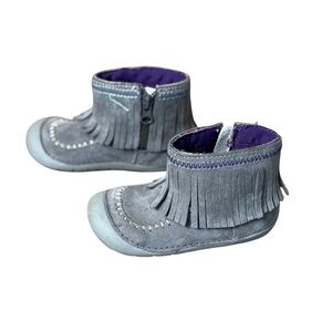 STRIDE RITE Tasha Gray Suede Fringe Moccasin Boots Baby Walker Shoes Size 6